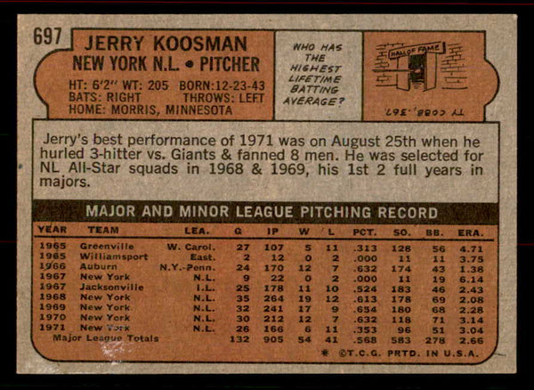 1972 Topps Baseball #697 Jerry Koosman Mets EX-MT 556340