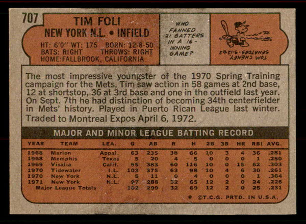 1972 Topps Baseball #707 Tim Foli Mets EX-MT 556346