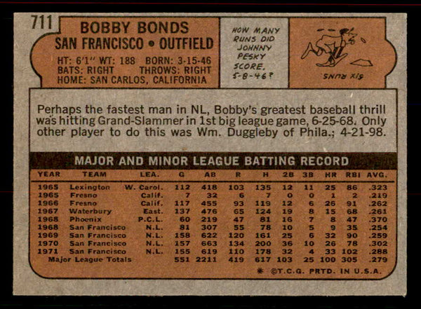 1972 Topps Baseball #711 Bobby Bonds Giants EX-MT 556348