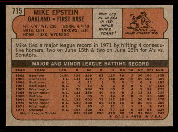 1972 Topps Baseball #715 Mike Epstein A's EX-MT 556350