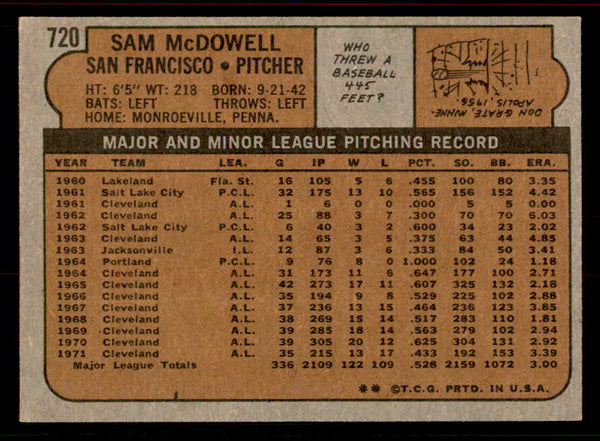 1972 Topps Baseball #720 Sam McDowell Giants EX-MT 556353