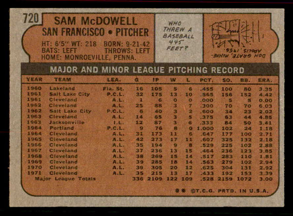1972 Topps Baseball #720 Sam McDowell Giants EX-MT 556354
