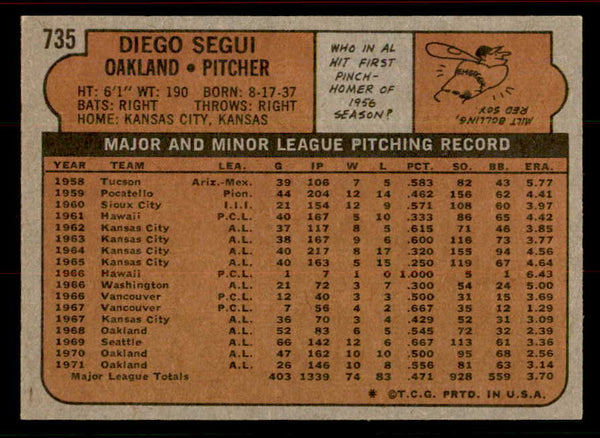 1972 Topps Baseball #735 Diego Segui A's EX-MT 556364