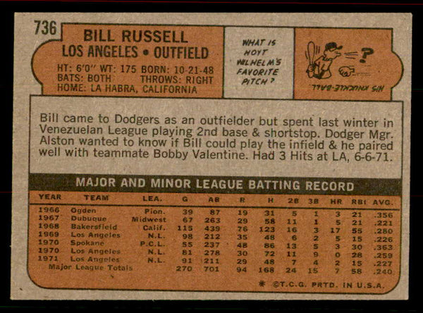 1972 Topps Baseball #736 Bill Russell Dodgers EX-MT 556365