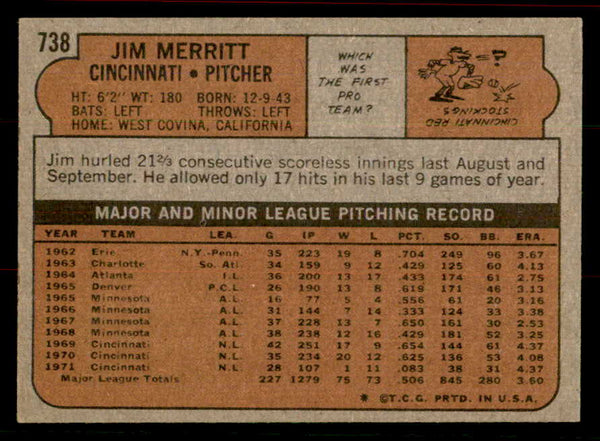 1972 Topps Baseball #738 Jim Merritt Reds EX-MT 556367