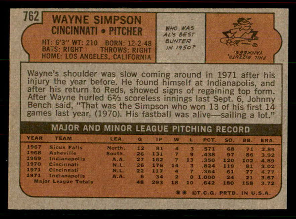 1972 Topps Baseball #762 Wayne Simpson Reds EX-MT 556379