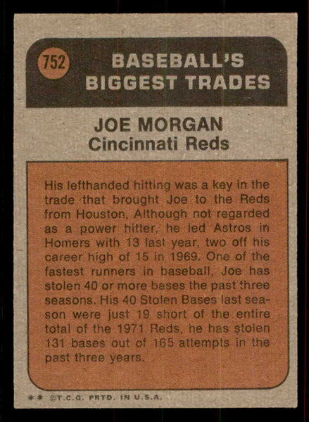 1972 Topps Baseball #752 Joe Morgan TR Reds EX-MT 556397