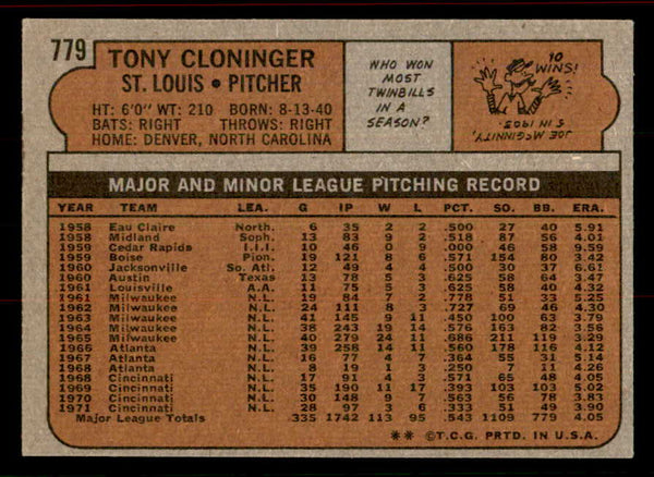1972 Topps Baseball #779 Tony Cloninger Cardinals EX-MT 556405
