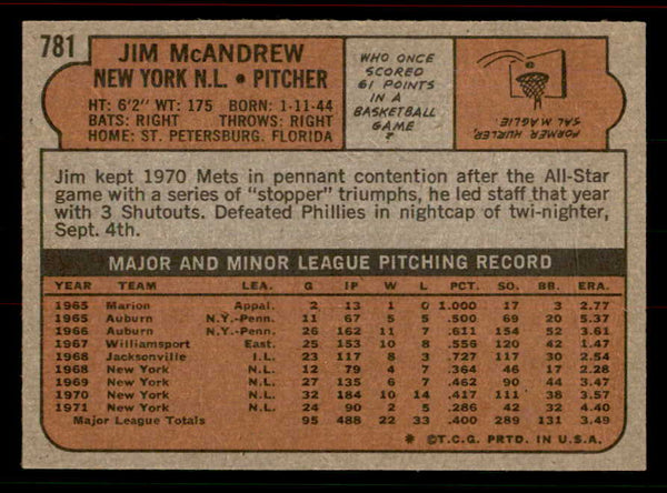 1972 Topps Baseball #781 Jim McAndrew Mets EX-MT 556406