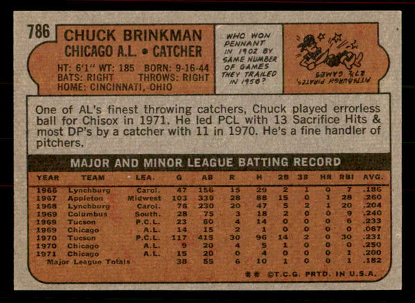 1972 Topps Baseball #786 Chuck Brinkman White Sox EX-MT 556409