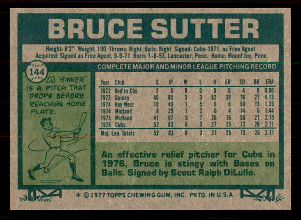 1977 Topps Baseball #144 Bruce Sutter Cubs NR-MT 556436