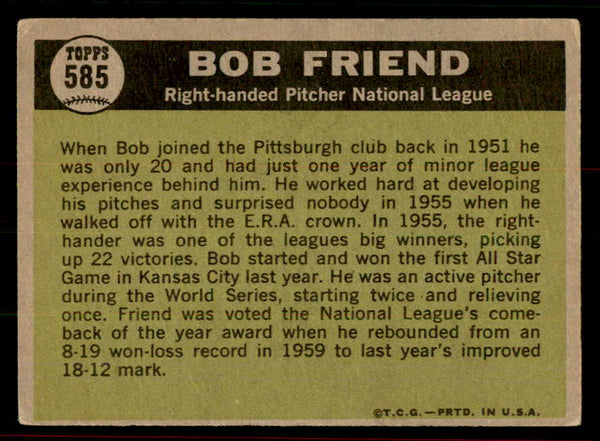 1961 Topps Baseball #585 Bob Friend A.S. Pirates VG-EX 556439