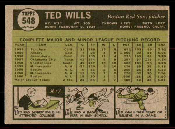 1961 Topps Baseball #548 Ted Wills Red Sox EX 556442