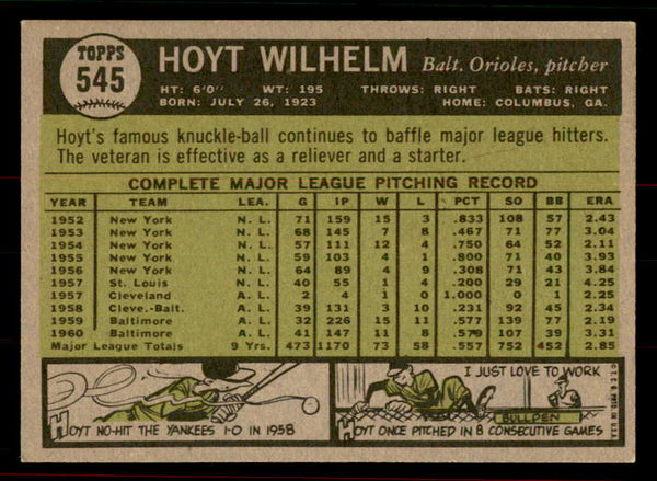 1961 Topps Baseball #545 Hoyt Wilhelm Orioles EX-MT 556445