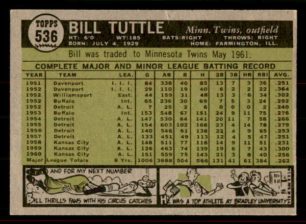 1961 Topps Baseball #536 Bill Tuttle Twins EX-MT 556460