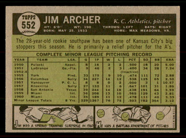 1961 Topps Baseball #552 Jim Archer A's EX-MT 556462