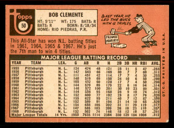 1969 Topps Baseball #050 Roberto Clemente Pirates VG 556465