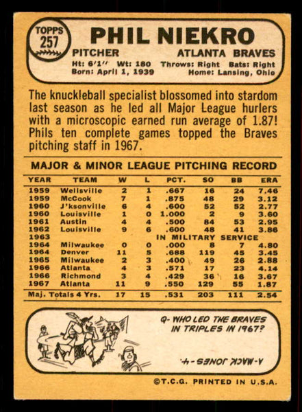 1968 Topps Baseball #257 Phil Niekro Braves EX-MT 556475