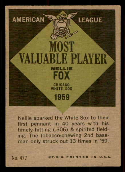1961 Topps Baseball #477 Nellie Fox MVP White Sox VG-EX 556490
