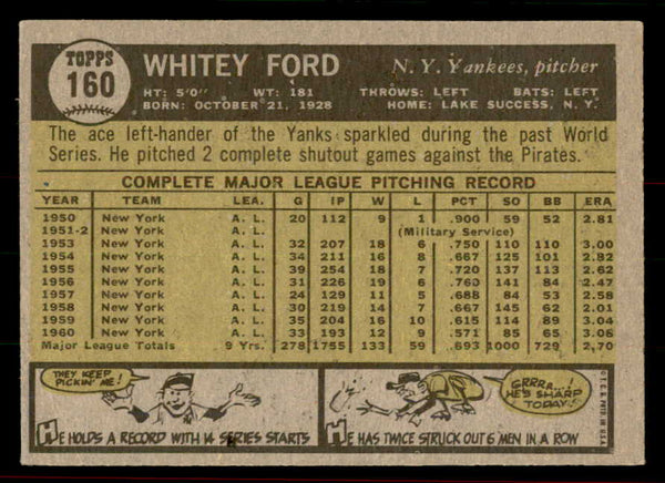 1961 Topps Baseball #160 Whitey Ford Yankees EX-MT 556492