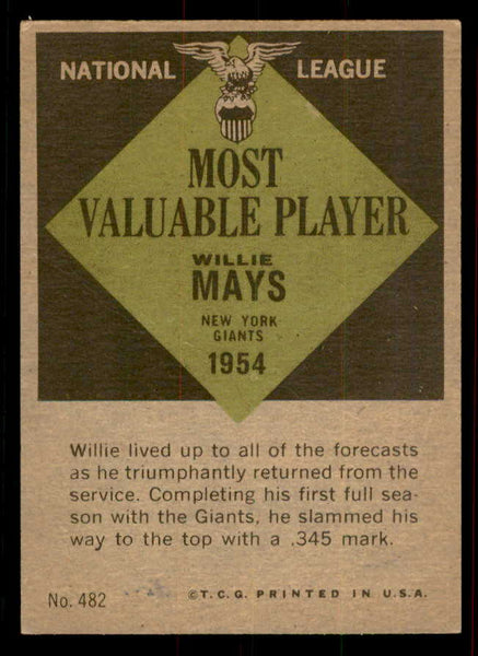 1961 Topps Baseball #482 Willie Mays MVP Giants EX-MT 556495