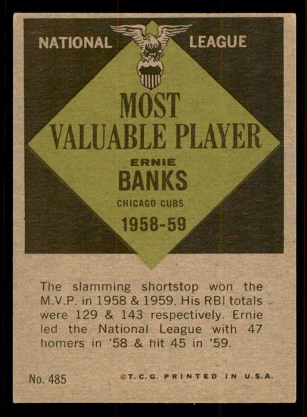 1961 Topps Baseball #485 Ernie Banks MVP Cubs EX-MT 556514