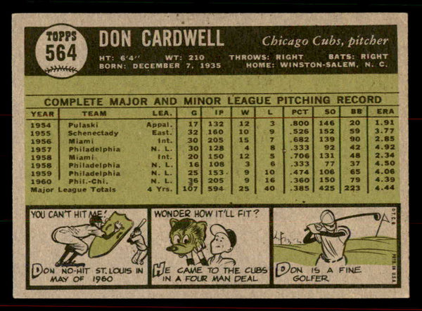 1961 Topps Baseball #564 Don Cardwell Cubs EX 556535