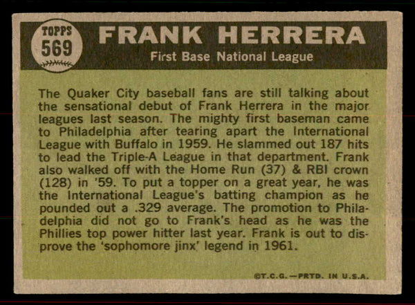 1961 Topps Baseball #569 Frank Herrera A.S. Phillies EX+/EX-MT 556537