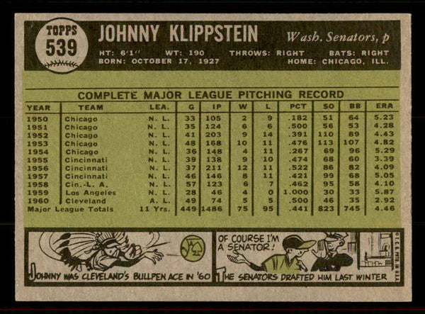 1961 Topps Baseball #539 Johnny Klippstein Senators EX+/EX-MT 556539