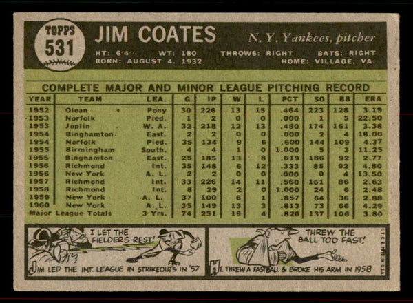 1961 Topps Baseball #531 Jim Coates Yankees EX 556541