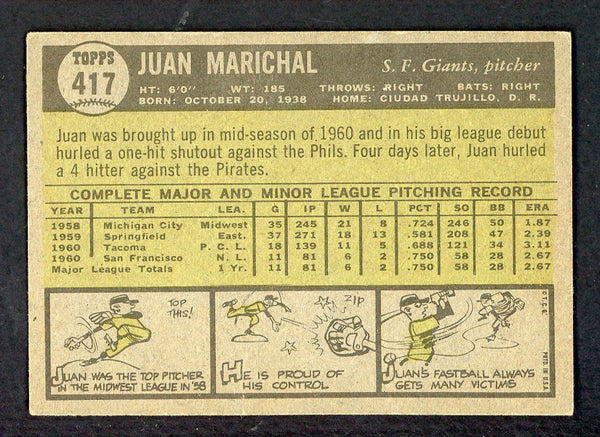 1961 Topps Baseball #417 Juan Marichal Giants EX 556545