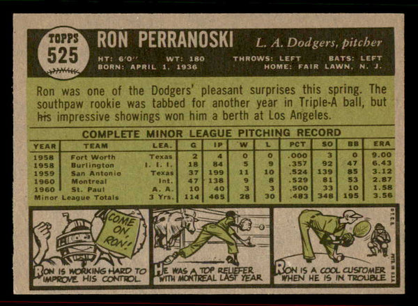 1961 Topps Baseball #525 Ron Perranoski Dodgers EX-MT 556574