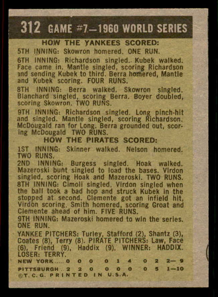 1961 Topps Baseball #312 World Series Game 7 Bill Mazeroski EX+/EX-MT 556578