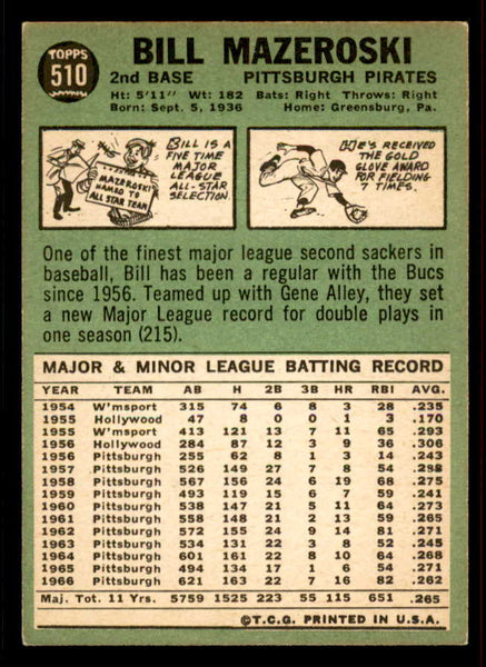 1967 Topps Baseball #510 Bill Mazeroski Pirates EX-MT 556585