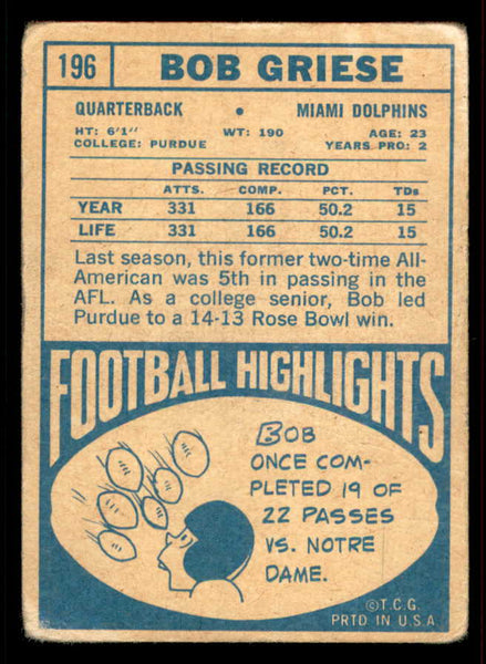 1968 Topps Football #196 Bob Griese Dolphins Fair 556591