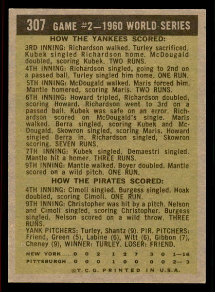 1961 Topps Baseball #307 World Series Game 2 Mickey Mantle NR-MT 556594