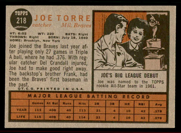 1962 Topps Baseball #218 Joe Torre Braves EX-MT 556596