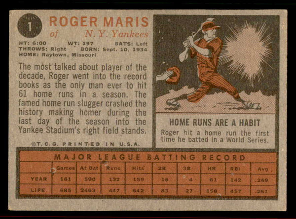 1962 Topps Baseball #001 Roger Maris Yankees EX-MT 556598