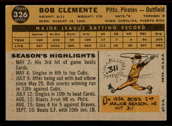 1960 Topps Baseball #326 Roberto Clemente Pirates VG-EX 556606