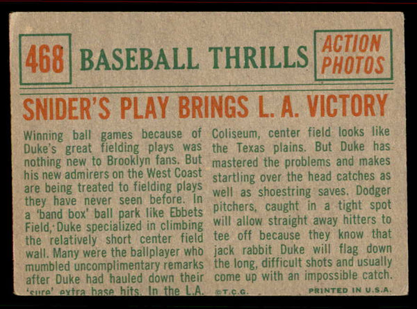 1959 Topps Baseball #468 Duke Snider IA Dodgers VG 556618