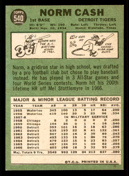 1967 Topps Baseball #540 Norm Cash Tigers EX-MT 556622