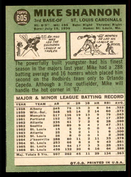 1967 Topps Baseball #605 Mike Shannon Cardinals EX 556623