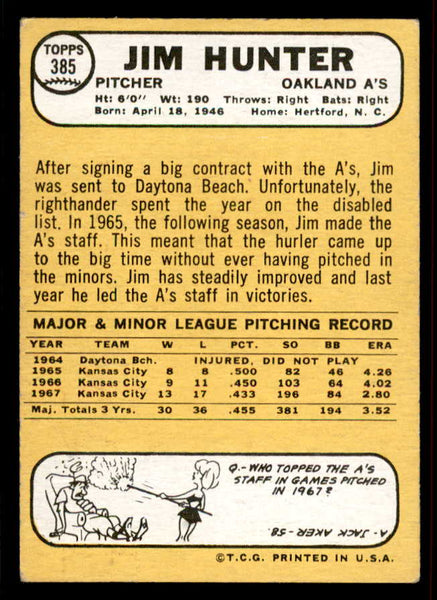 1968 Topps Baseball #385 Catfish Hunter A's VG-EX 556630