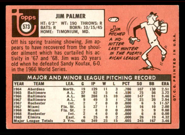 1969 Topps Baseball #573 Jim Palmer Orioles VG-EX 556632