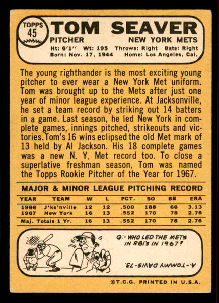 1968 Topps Baseball #045 Tom Seaver Mets EX 556643