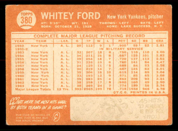 1964 Topps Baseball #380 Whitey Ford Yankees VG-EX 556661