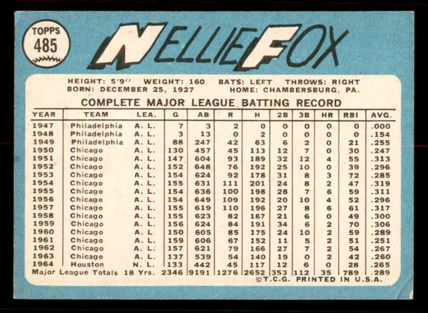 1965 Topps Baseball #485 Nellie Fox Astros VG-EX 556690