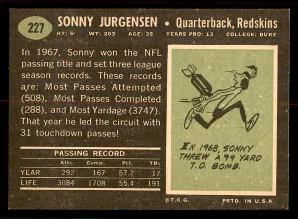 1969 Topps Football #227 Sonny Jurgensen Washington EX-MT 556692