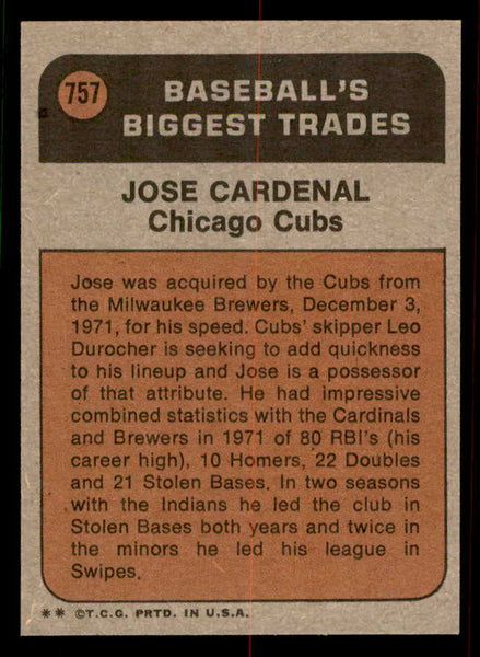 1972 Topps Baseball #757 Jose Cardenal TR Cubs NR-MT 556708