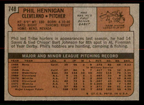 1972 Topps Baseball #748 Phil Hennigan Indians NR-MT 556709
